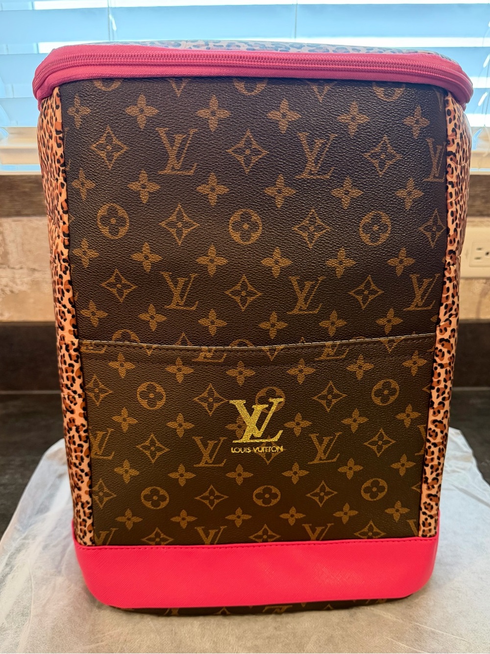 LV Brown Monogram Cooler Backpack with Pink Trim and Leopard Sides